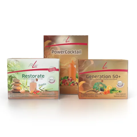 Official FitLine US catalog image of Optimal-Set 50+ (PowerCocktail, Restorate Exotic, Generation 50+)