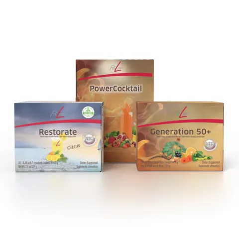 Official FitLine US catalog image of Optimal-Set 50+ (PowerCocktail, Restorate, Generation 50+)