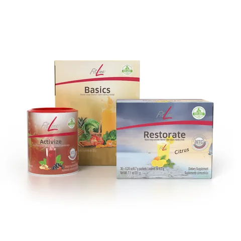 Official FitLine US catalog image of Optimal-Set (Activize + Basics + Restorate Citrus)