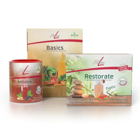 Official FitLine US catalog image of Optimal-Set (Activize + Basics + Restorate Exotic)