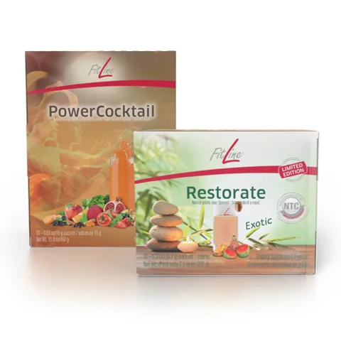 Official FitLine US catalog image of Optimal-Set (PowerCocktail + Restorate Exotic)