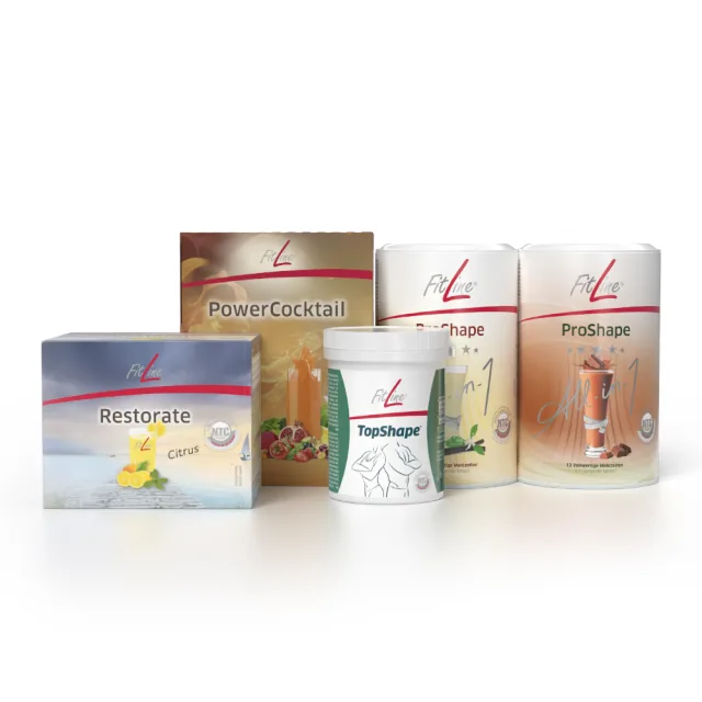 Official FitLine US catalog image of TopShape Optimal-Set (PowerCocktail + Restorate Citrus + TopShape + 2x ProShape)