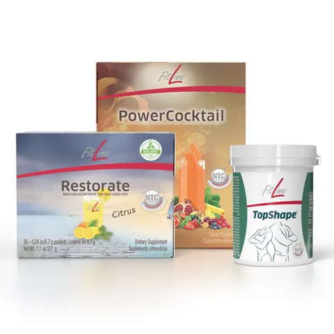 Official FitLine US catalog image of TopShape Starterset (TopShape + PowerCocktail + Restorate Citrus)