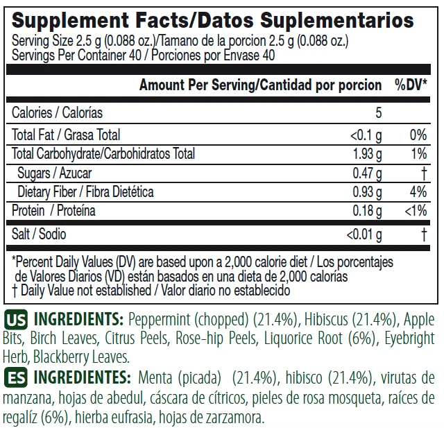 Supplied US Supplement or Nutrition Facts panel for Herbaslim Tea
