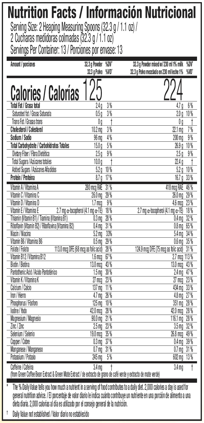 Supplied US Supplement or Nutrition Facts panel for ProShape All-in-1 Bourbon Vanilla